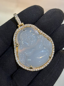 White Jade Buddha Pendant With 10 KT Gold Diamond Frame