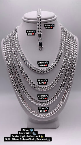 6mm Solid Miami Cuban Chain/Bracelet In Silver