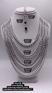 6mm Solid Miami Cuban Chain/Bracelet In Silver