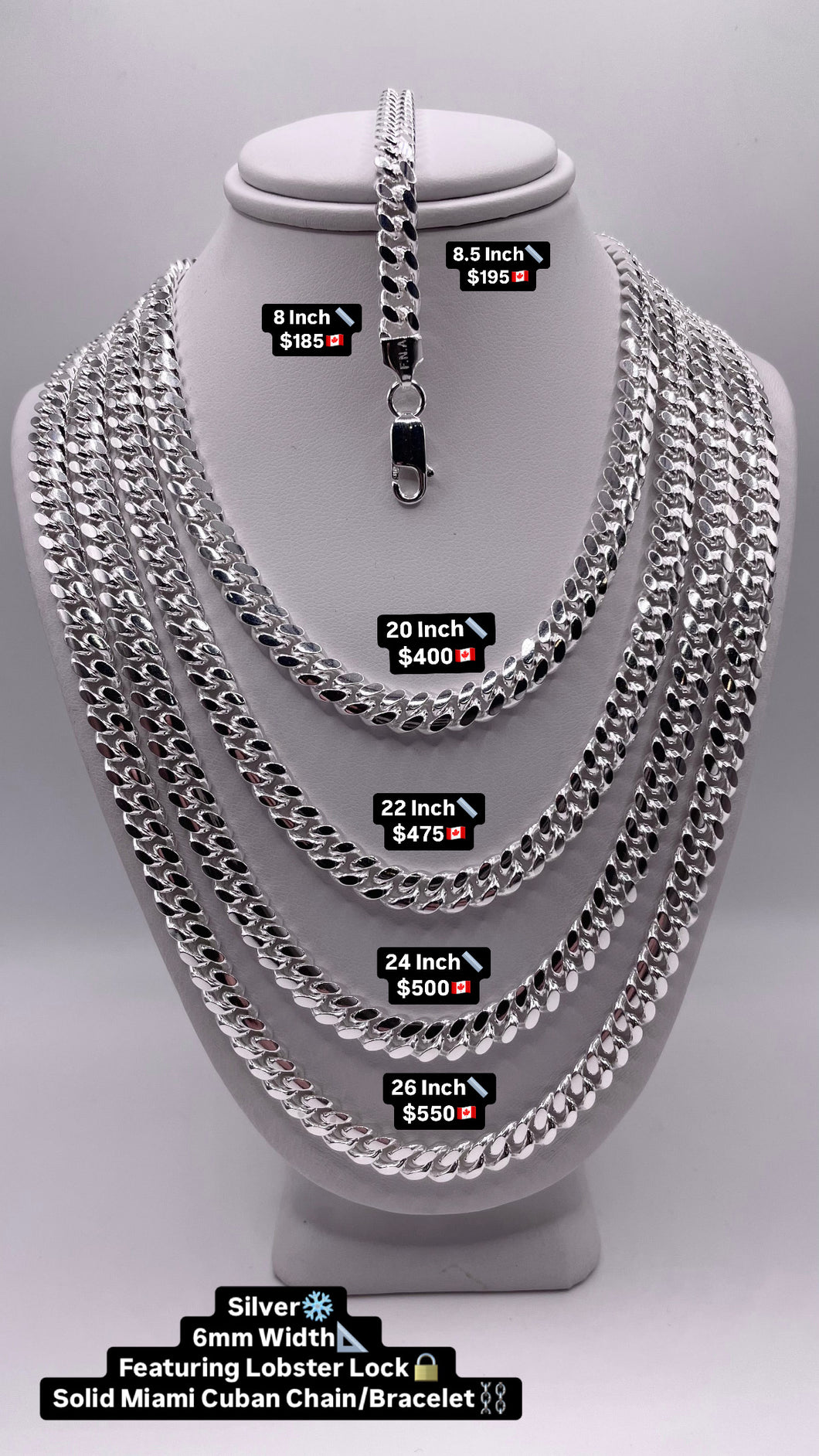 6mm Solid Miami Cuban Chain/Bracelet In Silver