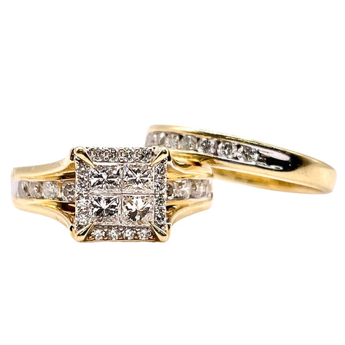 Approx 1.00 CT. T.D.W Natural Diamond Engagement Ring & Wedding Band Set In 14 KT Yellow Gold