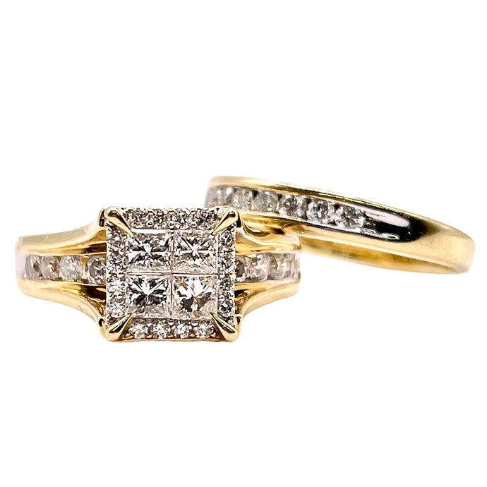 Approx 1.00 CT. T.D.W Natural Diamond Engagement Ring & Wedding Band Set In 14 KT Yellow Gold