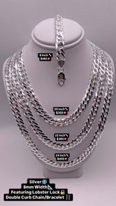 8mm Double Curb Link Chain/Bracelet In Silver