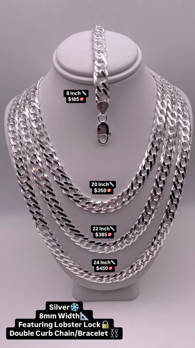 8mm Double Curb Link Chain/Bracelet In Silver