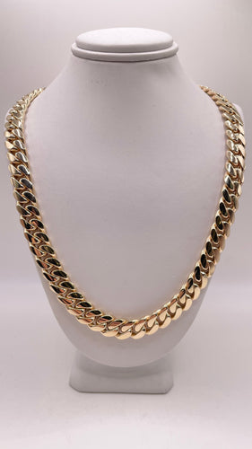 9mm Solid Miami Cuban Link Chain With Natural Diamond Box Lock In 10 KT Yellow Gold