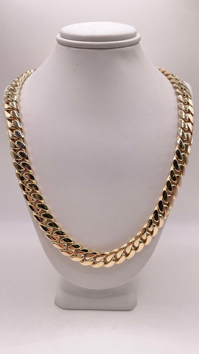 9mm Solid Miami Cuban Link Chain With Natural Diamond Box Lock In 10 KT Yellow Gold
