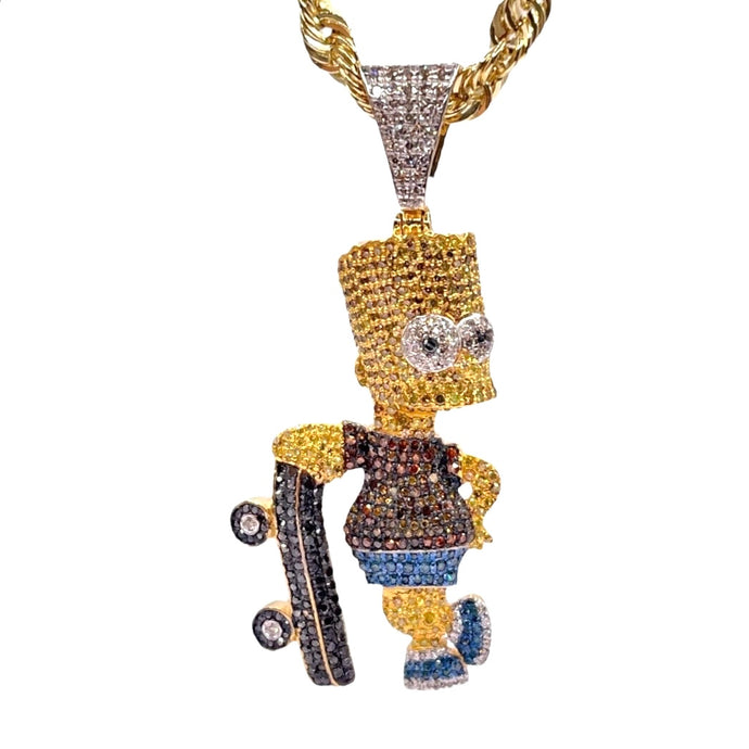 1.45 CT Natural Diamond Bart Simpson Holding Skateboard Pendent In 10 KT Yellow Gold