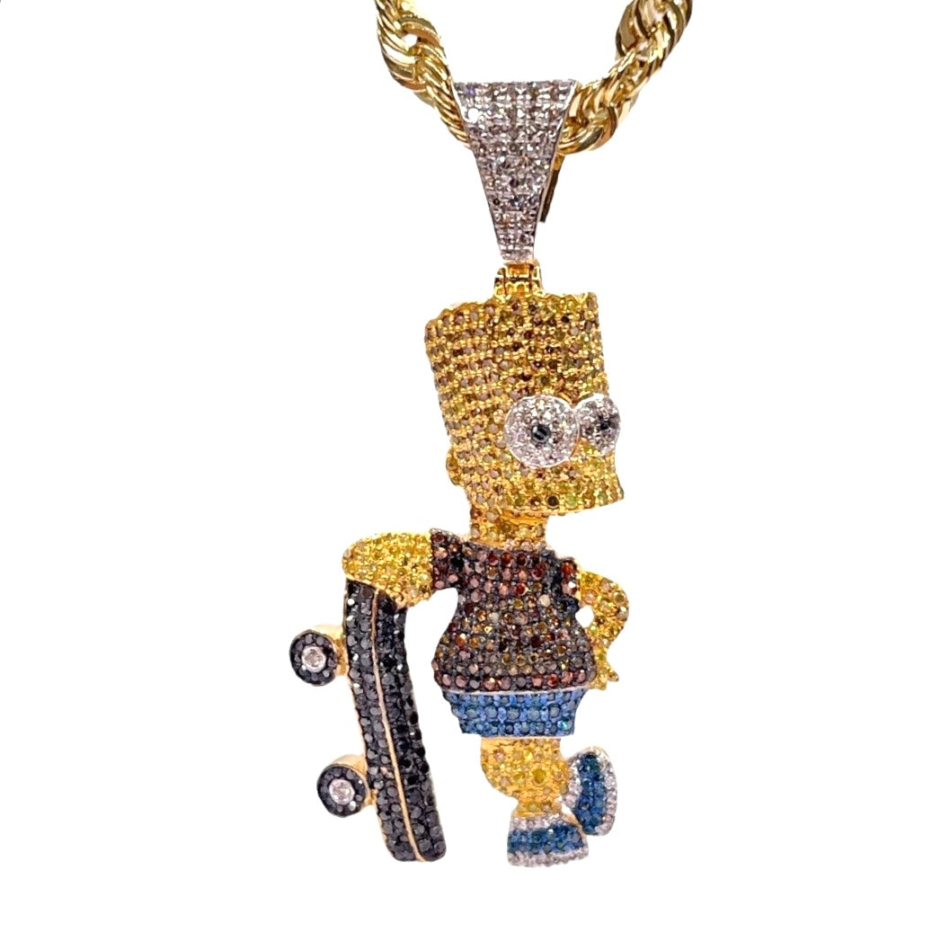 1.45 CT Natural Diamond Bart Simpson Holding Skateboard Pendent In 10 KT Yellow Gold
