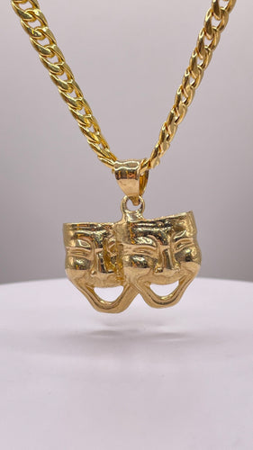 Gemini Laugh Now Cry Later Pendant & Cuban Chain Combo In 10 KT Yellow Gold