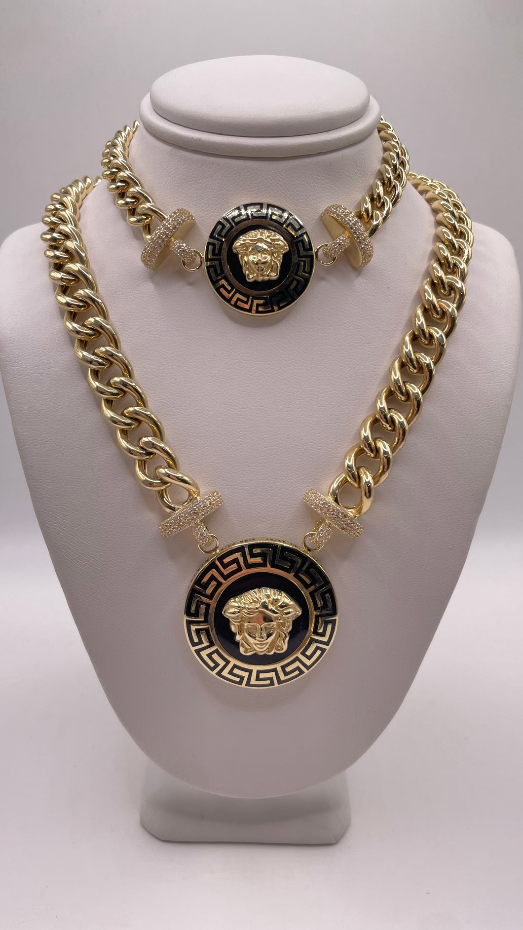 Medusa Face CZ Chain & Bracelet Combo In 14 KT Yellow Gold