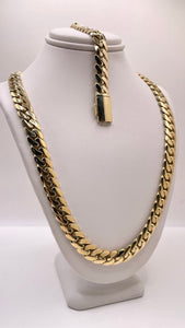 9mm Solid Miami Cuban Link Chain With Box Lock In 10 KT Yellow Gold