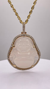 White Jade Buddha Pendant With 10 KT Gold Diamond Frame