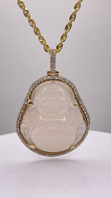 White Jade Buddha Pendant With 10 KT Gold Diamond Frame