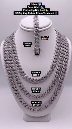 8mm Miami Cuban Link Chain/Bracelet In Silver With CZ