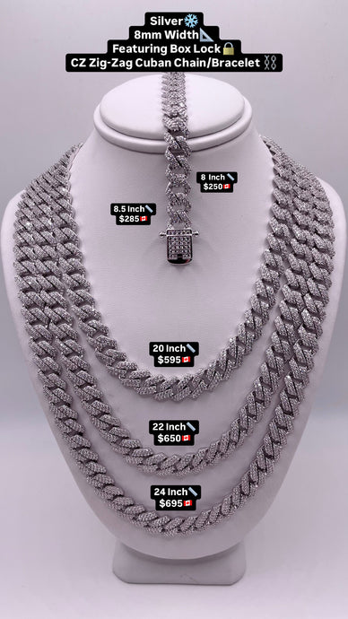 8mm Miami Cuban Link Chain/Bracelet In Silver With CZ
