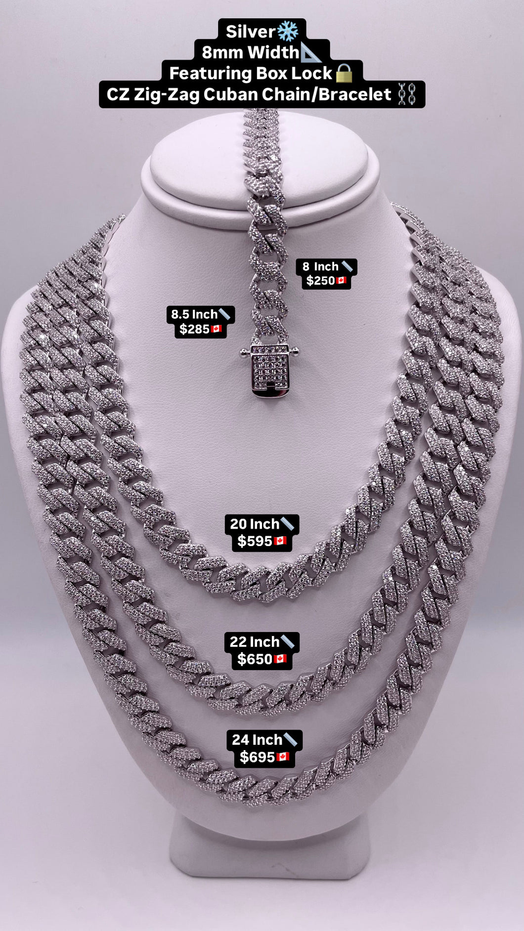 8mm Miami Cuban Link Chain/Bracelet In Silver With CZ