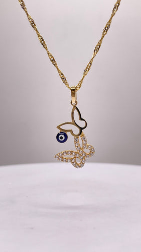 Butterfly Necklace In 10 KT Yellow Gold With CZ & Blue Eye