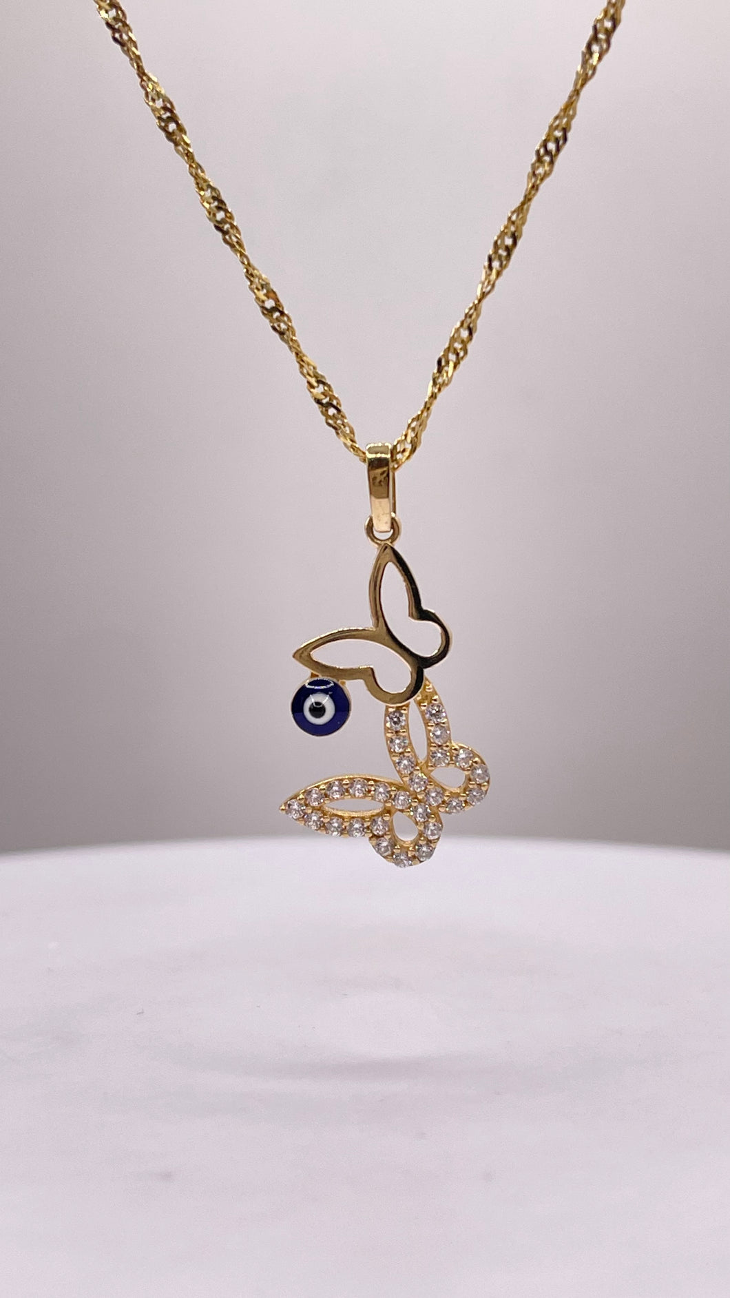 Butterfly Necklace In 10 KT Yellow Gold With CZ & Blue Eye