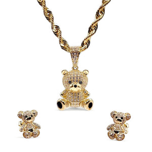Teddy Bear Set In 10 KT Yellow Gold With CZ