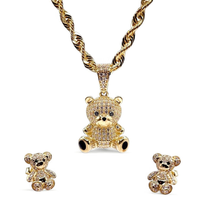 Teddy Bear Set In 10 KT Yellow Gold With CZ
