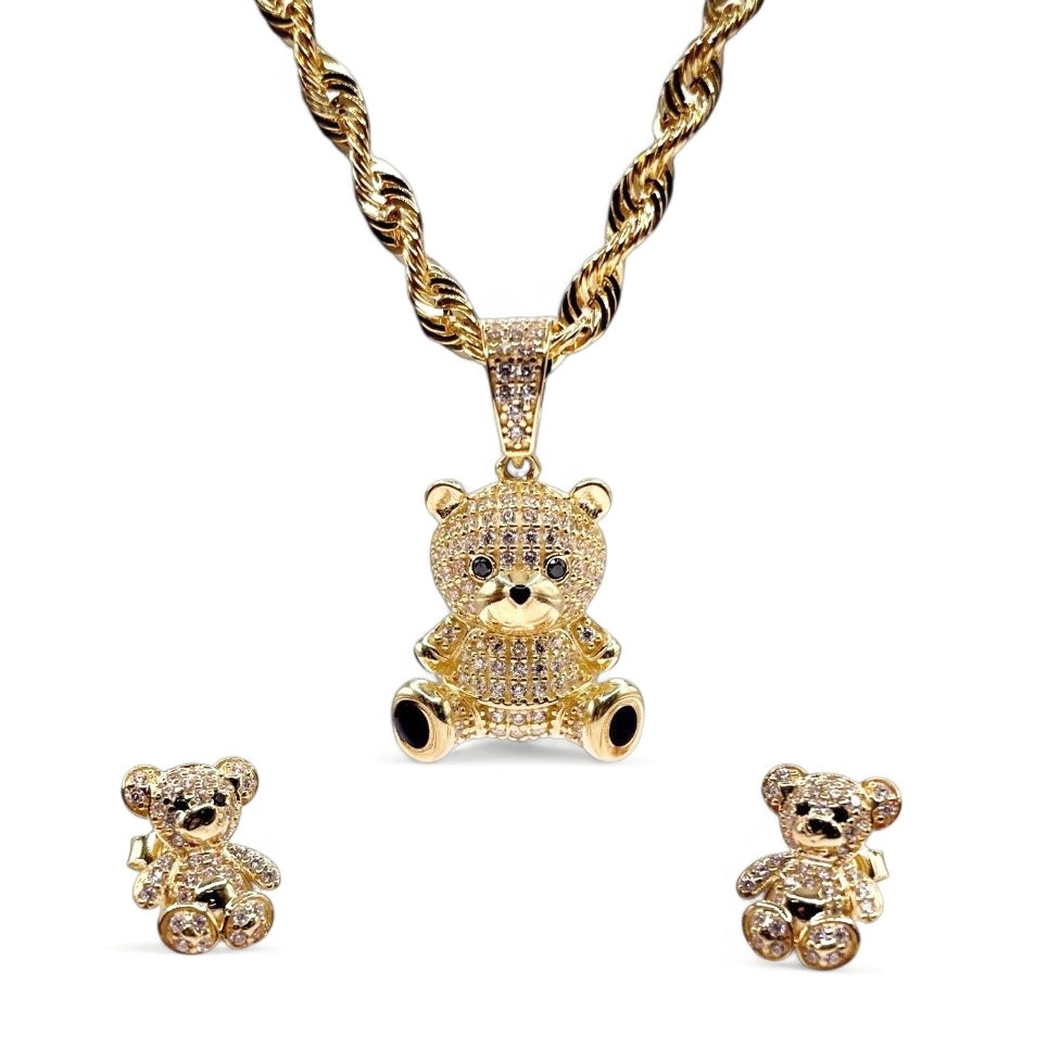 Teddy Bear Set In 10 KT Yellow Gold With CZ