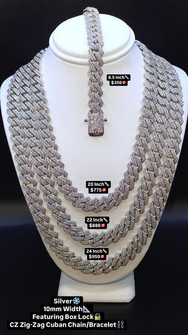 10mm CZ Zig-Zag Cuban Link Chain/Bracelet In Silver