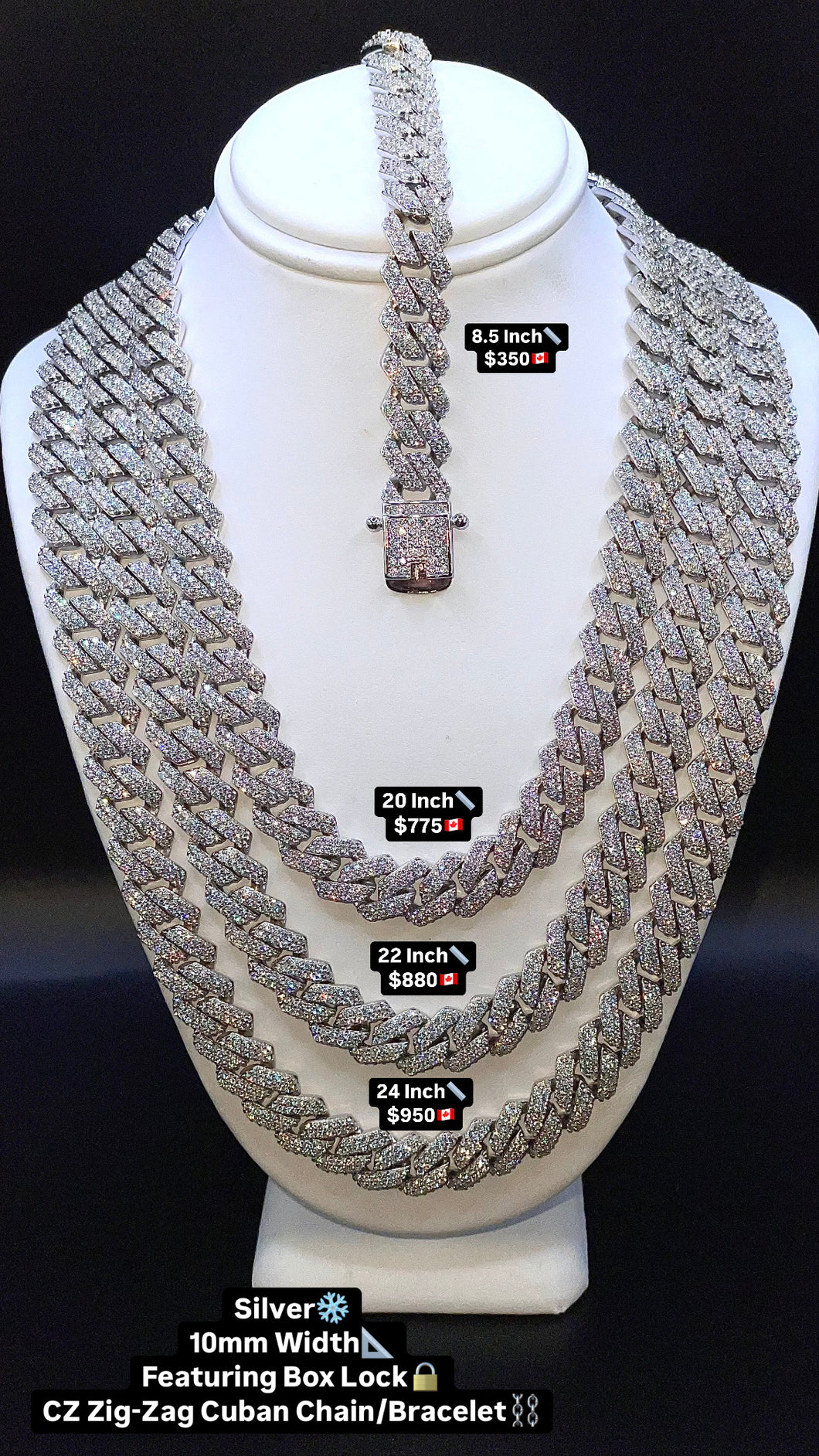10mm CZ Zig-Zag Cuban Link Chain/Bracelet In Silver