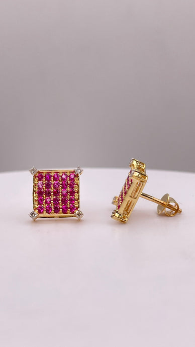 Natural Ruby & Diamond Square Shape Stud Earrings In 10 KT Yellow Gold