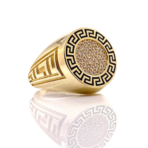 CZ Greek Key Design Men’s Ring In 14 KT Yellow Gold