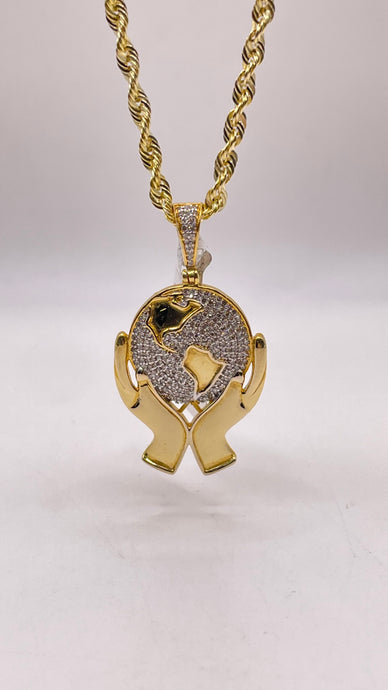0.57 CT. Natural Diamond Hands Holding Globe Pendent In 10 KT Yellow Gold