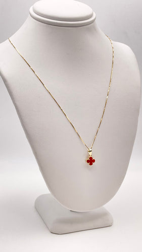 18 KT Dainty Clover Pendant & Box Chain With Red Colour Stone