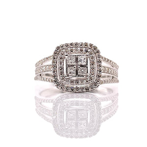 0.89 CT. Natural Diamond Quad Princess-Cut Double Halo Engagement Ring In 10 KT White Gold