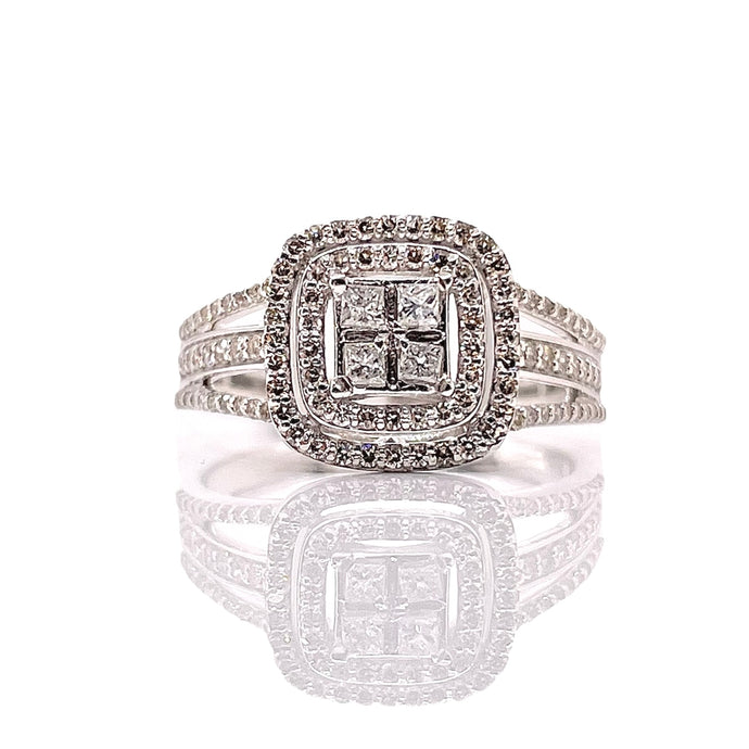 0.89 CT. Natural Diamond Quad Princess-Cut Double Halo Engagement Ring In 10 KT White Gold