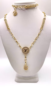 Women’s 14 KT LV Necklace & Bracelet Set With CZ