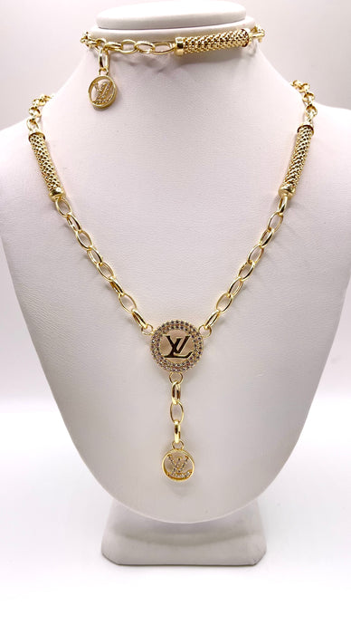 Women’s 14 KT LV Necklace & Bracelet Set With CZ