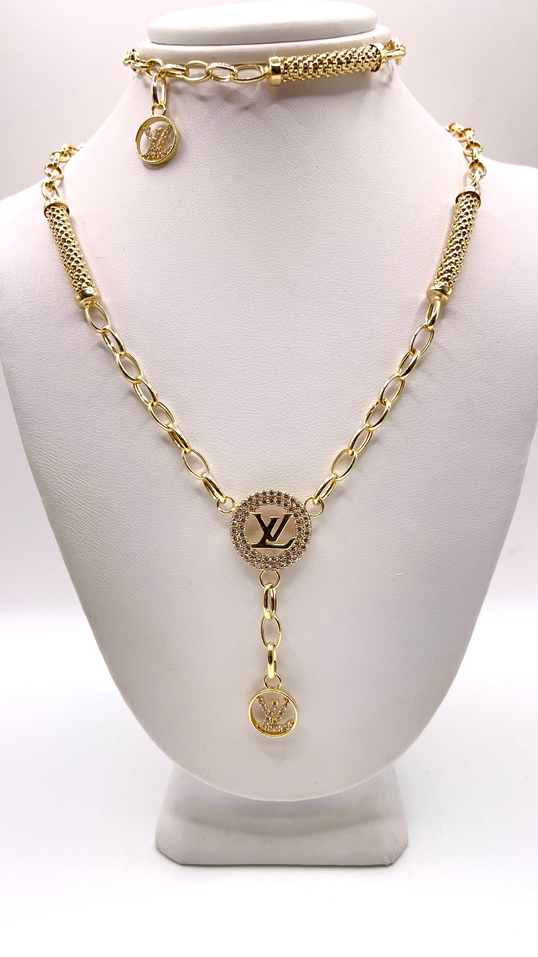 Women’s 14 KT LV Necklace & Bracelet Set With CZ