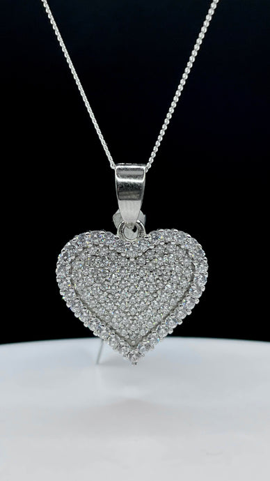 Heart Pendent & Curb Chain In Silver With CZ