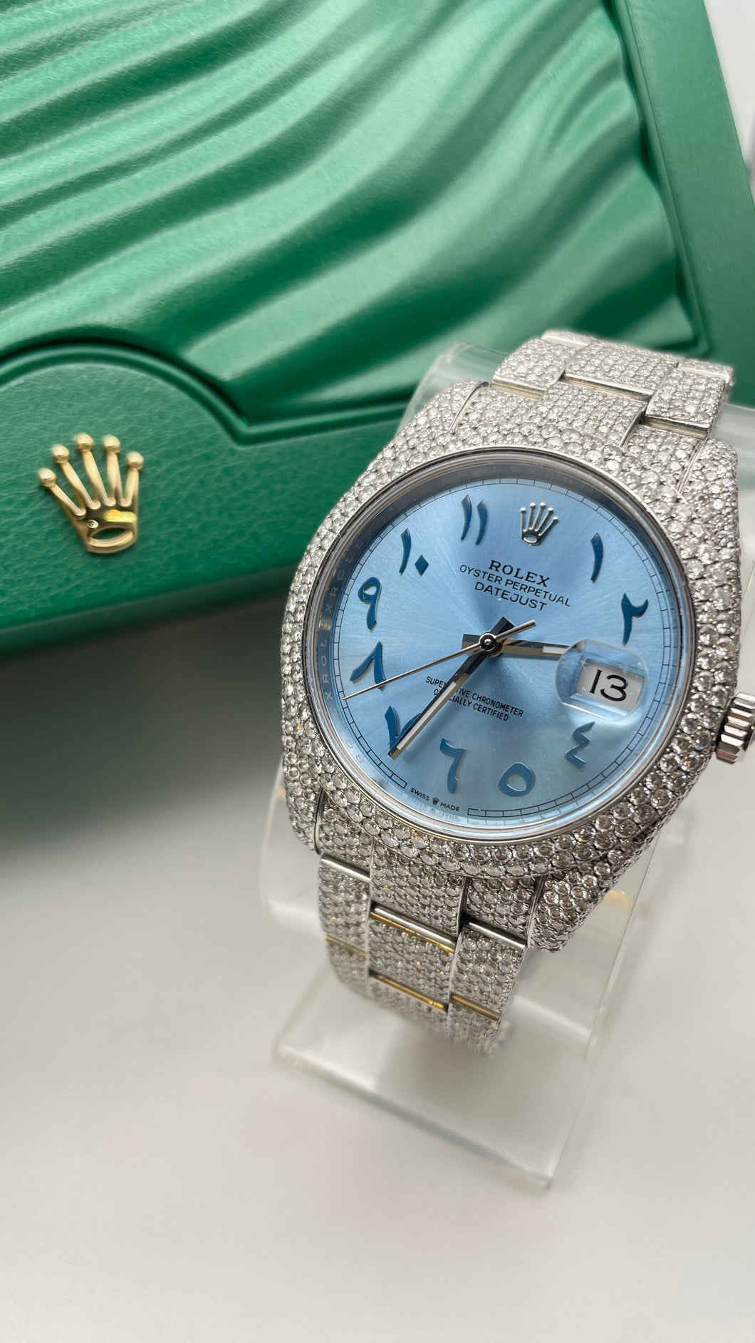 41mm Date Just Rolex Approx 28.0 CT. Natural Diamond With Platinum Baby Blue Arabic Dial