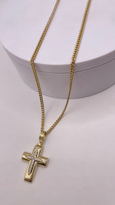 Solid Natural Diamond Cross Pendent & Cuban Link Chain Combo In 10 KT Yellow Gold