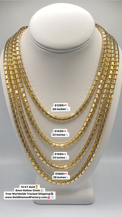 6mm 10 KT Yellow Gold Hollow Round Box Chain