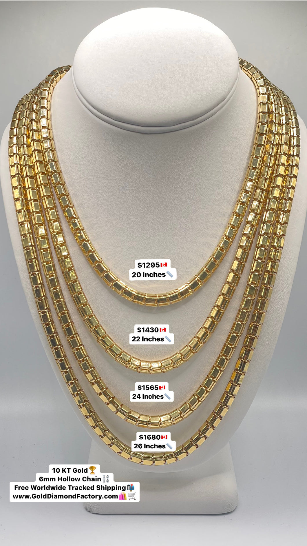 6mm 10 KT Yellow Gold Hollow Round Box Chain